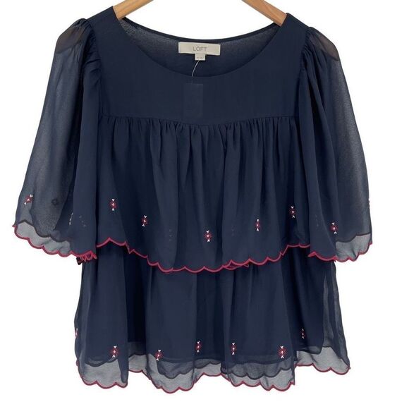 Loft Flowy Layered Short Sleeve Embroidered Blouse Women XS Navy Blue Boho NWT - Picture 1 of 6